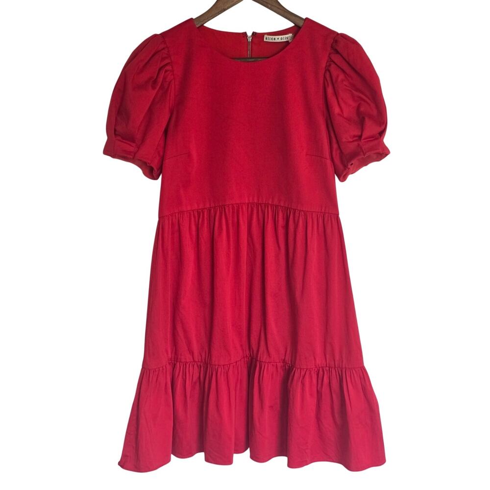 Alice + Olivia Ann Red Puff Sleeve Tiered Mini Dress Size 8